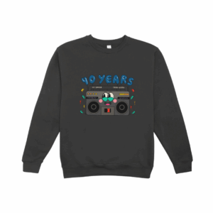 Faded black crew with 3MDR 40th birthday radio artwork