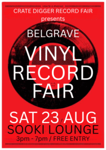 Crate Digger Belgrave record fair poster. Red background. Graphic of a vinyl record in the middle of the poster. White and black writing over the top. Vintage feel. 