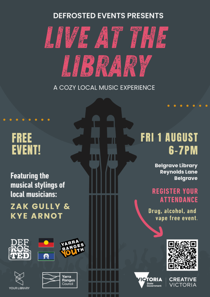 Event poster: grey background with a black guitar neck and head in the centre lower half. Red 'Live At The Library' header with event details in yellow and white fonts. 