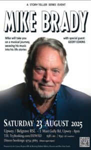 Mike Brady poster. White background top. Portrait studio photo of Mike with a slight smile fills the rest of the poster. White with black outline bubble writing for main heading. White and black text. QR code. 
