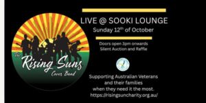 The Rising sons gig banner. Black background. White writing. Heading boarded at top and bottom by strips of gold colour. On the left hand side there is  circular graphic of the silhouette of a band playing live with a rising sun behind them. 