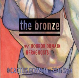 the Bronze gig poster. Painting of a women’s body/torso in a purple bikini. Black, red and purple text.