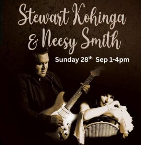 Neesy Smith and Stuart Kohinga gig poster. Brown background. White/cream text. Photo of Stewart playing guitar and Neesy sitting on a seat backwards.