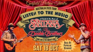 Santana/Doobie Brothers Tribute banner poster. Orange centre draped by red velvet stage curtains. Gold showbiz style text. Cut out picture of guitarist and singer either side of poster. 