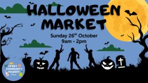 Halloween Market banner poster. Blue background, moon, green clouds and spooky black illustrations of trees, zombies, pumpkins, owls, gravestones etc. 