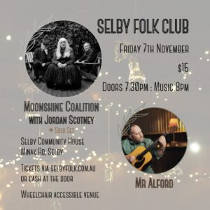 Selby folk club tile graphic. Grey transparent background with a photo of fairy lights behind it. Circle black and white band photo of Moonshine Coalition and a colour circle photo of Mr Alford playing an acoustic guitar. 