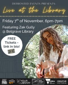 Live at the library poster. Grey background with the outline of books and bookshelves. Photo of performer Zak Gully playing guitar outside. Yellow and white text. 