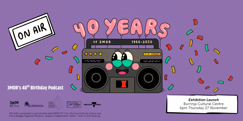 40th birthday cartoon radio on purple background
