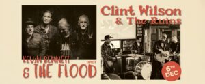 Clint Wilson Sooki gig banner. Cream background. Black and white photos of the two bands playing on the night. Orange text. 