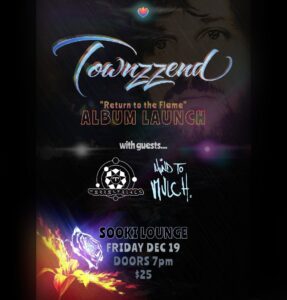 Townzzend album launch poster. Spooky vibe. Black background. Portrait photo of Luke from the band and a burning flower blended into the background. Text over the top. 