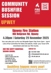 Upwey CFA bushfire info session poster. White background. Multiple coloured writing. Red and yellow blocks of colour in the top third of poster.  CFA red logo.