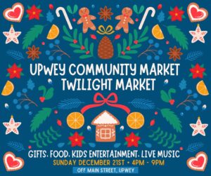 Upwey community market poster. Blue background. White text. Illustrations of Christmas/festive items. Candy canes, gingerbread house etc. 