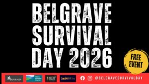 Belgrave Survival Day banner poster. Black background. White text. Yellow and red blocks of colour. Partnership logos along the bottom.