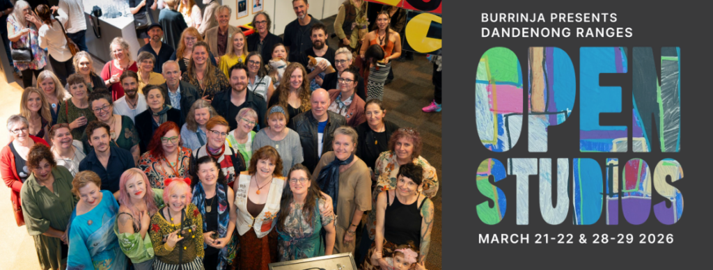 Open Studios poster banner. Photo of artists. Grey block of colour with multi coloured text on the right of banner.