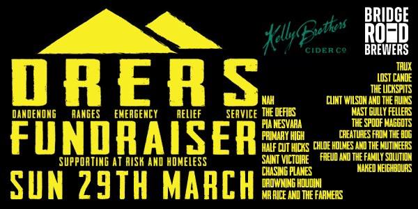 DRES FUNDRAISER banner poster. Black background. Yellow writing. Two mountain outline graphics at the tope. Sponsor logos.