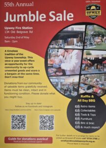 Upwey CFA jumble sale poster. Red and yellow backgrounds. Upwey fire brigade logo top right corner. White and black writing on the left side. Collage of photos from past jumble sales in a circle on the right side of the poster.