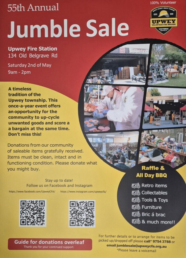 Upwey CFA jumble sale poster. Red and yellow backgrounds. Upwey fire brigade logo top right corner. White and black writing on the left side. Collage of photos from past jumble sales in a circle on the right side of the poster.