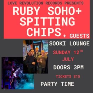Ruby Soho/Spitting Chips poster. Grey and red background. Two photos of the bands and red, grey and white text.