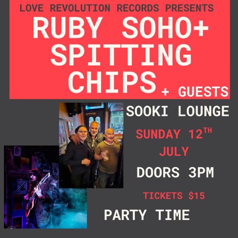 Ruby Soho/Spitting Chips poster. Grey and red background. Two photos of the bands and red, grey and white text.