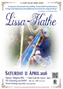 Lissa Kathe gig poster. Photo of Lissa in the middle playing harp. Edges of photo fade into white background. Blue text above and below photo.