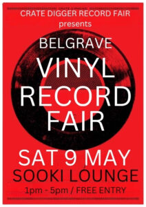 Crate Digger record fair poster. Sooki Lounge Belgrave. Red background. Large black graphic of a vinyl record. White and black text. 