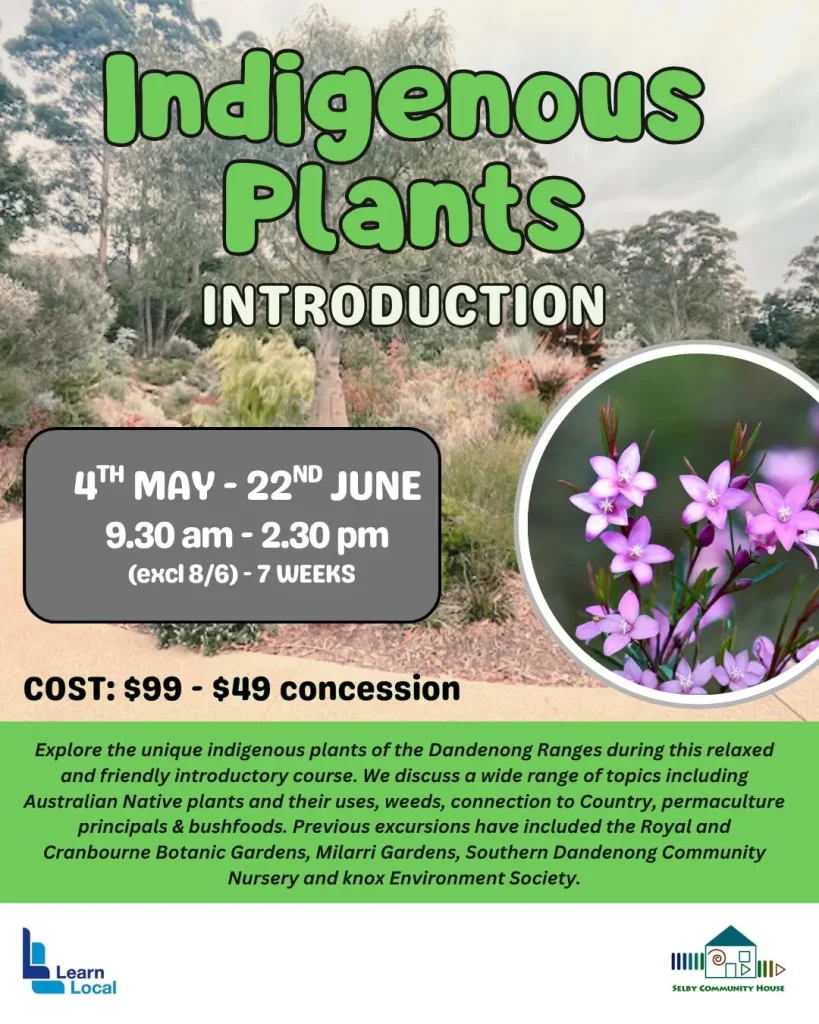 INDIGENOUS PLANTS poster. Background is a photo of a garden with a path. Text and blocks of colour layered over the top. Additional circular photo of a flower.