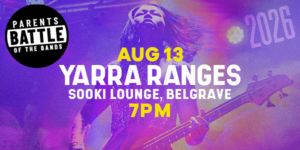 Parents Battle of the Bands: Yarra Ranges Battle banner poster. Colourful graphic with a photo of person playing bass live on stage.