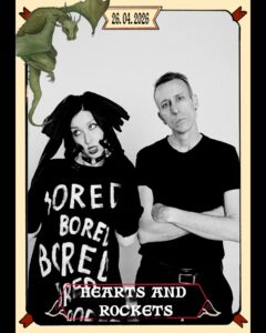 Gig poster with a black and white photo of Hearts & Rockets.