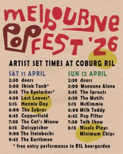 Melbourne Popfest poster. Cream background, red and black text. Pop art design. 