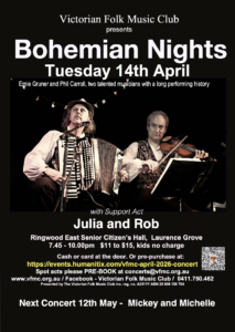 Bohemian Nights Concert Poster. Colour photo of Bohemian nights playing live in the middle. One member is playing an accordion and the other a violin. White text above and below image. 