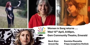 Women In Song banner poster. Photos of each performer. Section with a white background. Black text. PAVED logo.